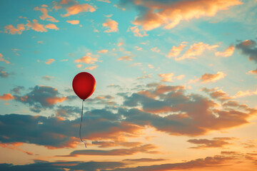 A single red balloon floating against a stunning sunset sky.