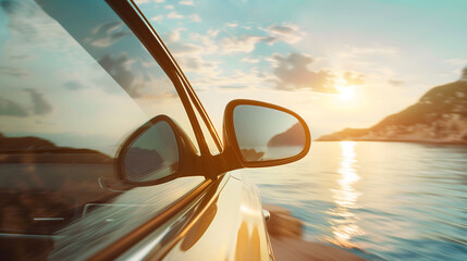 Rear-view mirror of a car near the sea at Italian coast during summer holiday