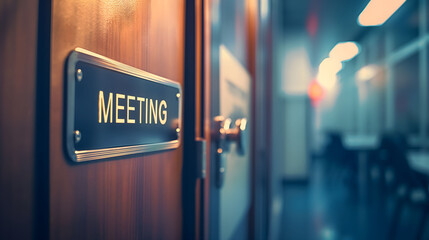 Closeup of a sign on the door of a meeting room in a contemporary corporate business settting