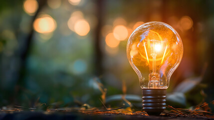 Glowing light bulb outdoors in nature with copy space