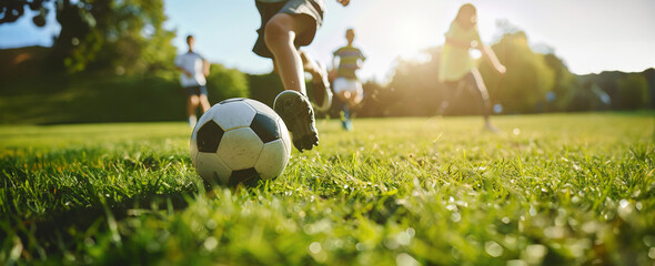 Children playing football in a park on a sunny day. Low angle view