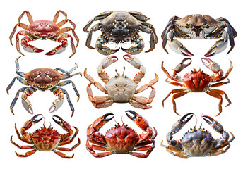 Assorted collection of colorful crabs isolated on transparent background