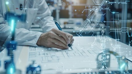 Scientist analyzing data with futuristic interface. Busy laboratory setting. Technological innovations in science. Modern research concept. AI