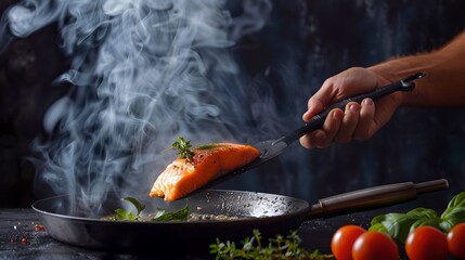 Chef cooks salmon in a pan, steam rising, vibrant vegetables in the background. Culinary art in...