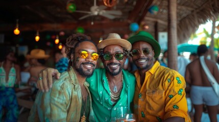 Three Stylish African American Men Enjoying Drinks at Tropical Beach Bar