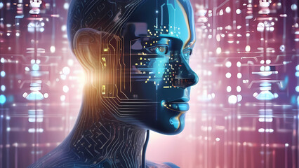 Artificial intelligence in humanoid head with neural network thinks. AI with Digital Brain is learning processing big data, analysis information. Face of cyber mind. Technology background concept.