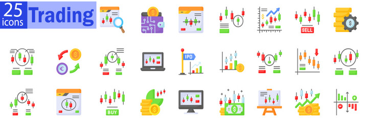 trading icon set. stock and investment icons collection. Vector illustration