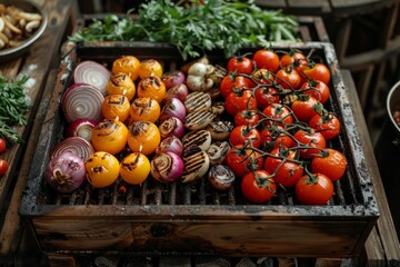 a wooden box filled with tomatoes , onions , mushrooms and other vegetables on a grill