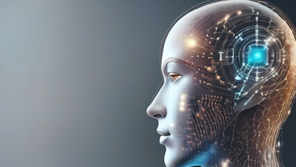 Artificial intelligence in humanoid head with neural network thinks. AI with Digital Brain is learning processing big data, analysis information. Face of cyber mind. Technology background concept.