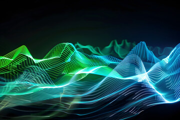 Dynamic neon lines with green and blue glowing patterns. Abstract art on black background.