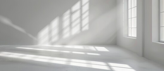 A white studio background is provided for presenting products, featuring an empty room with window shadows and a blurred backdrop for showcasing the product.