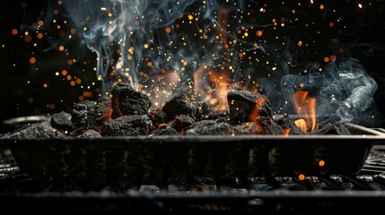 Hot burning coals on barbecue tray on black background with sparks and white smoke. Generative AI