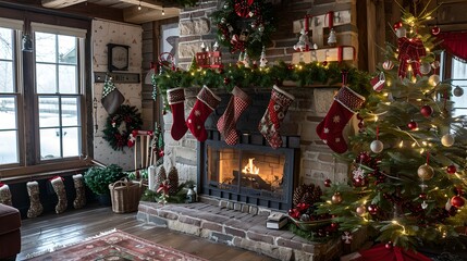 Cozy Holiday Living Room with Christmas Tree and Fireplace, Decorated in Traditional Festive Style. Seasonal Home Interior Design. AI