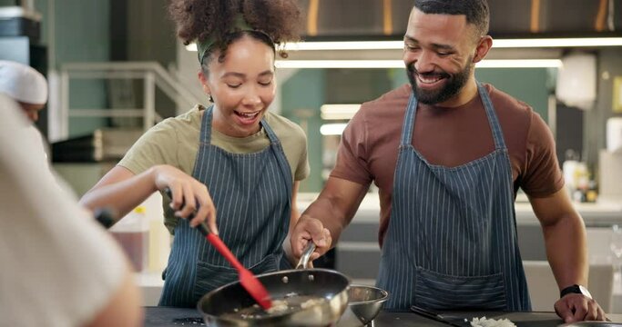 Man, woman or class for gastronomy in kitchen for relationship, bonding with food and happiness. Couple, cooking or learning in restaurant with frying or teamwork, strong connection and communication