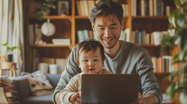 Father and Baby Son Enjoying Time Together While Working on Laptop at Home