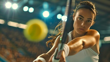 Focused female tennis player in action, hitting ball with racket on court during match. Athletic sportswear, dynamic movement captured. Intense competition portrayed. AI