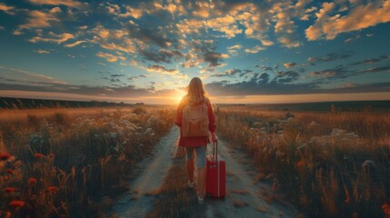Young Woman With Poland Flag on Suitcase Walking on Rural Road at Sunset