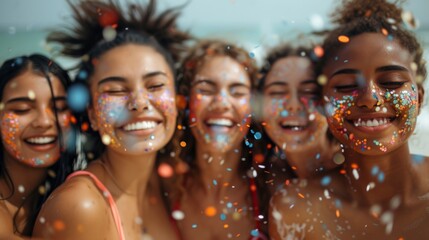 Joyful Young Women Celebrating With Colorful Confetti At A Sunny Beach Party