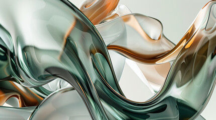 3d render of abstract organic shapes in fluid glass texture with organic forms and bubbles in various shades of grey, green and brown