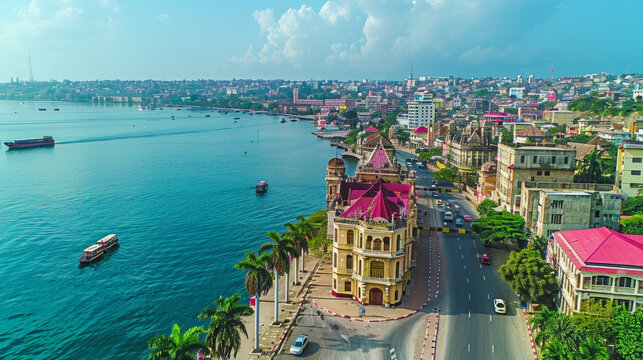 Aerial View of Dar es Salaam Waterfront Showcasing Local Architecture, Boats, and Bustling Streets