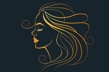 Elegant woman face with golden hair outline silhouette fashion logo for beauty salon vector flat illustration.