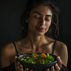 A woman enjoying a fresh salad against a dark background