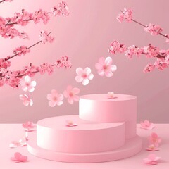  round podium with cherry blossom in pink background