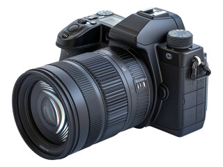 Professional DSLR camera with telephoto lens isolated on transparent background