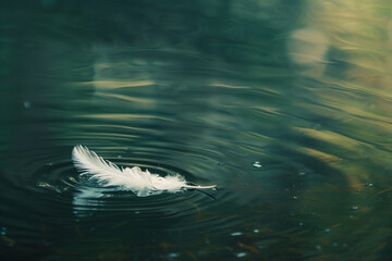 A single feather floating on a tranquil pond.