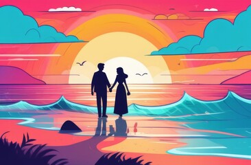 Romantic sunset on the coast with couple holding hands on ocean background