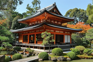 Obraz premium Japanese Temple: Intricate Wood Carvings & Sloping Roof Architecture Design