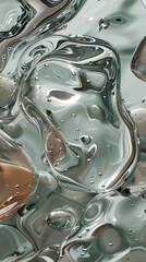 3d render of abstract organic shapes in fluid glass texture with organic forms and bubbles in various shades of grey, green and brown