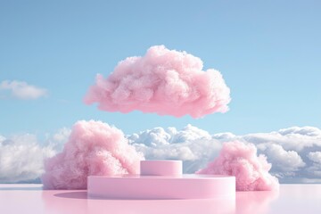 Surreal cloud podium outdoor on blue sky pink pastel soft fluffy clouds with empty space.Beauty cosmetic product placement pedestal present promotion minimal display, dreamy concept - generative ai