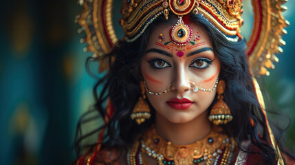 Indian woman in goddess durga costume.