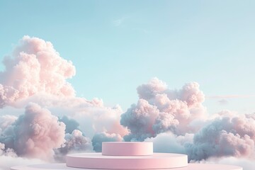 Surreal cloud podium outdoor on blue sky pink pastel soft fluffy clouds with empty space.Beauty cosmetic product placement pedestal present promotion minimal display, dreamy concept - generative ai