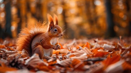 Portrait funny red squirrel animal on autumn forest on background. AI generated image
