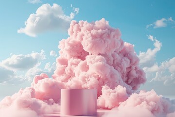 Surreal cloud podium outdoor on blue sky pink pastel soft fluffy clouds with empty space.Beauty cosmetic product placement pedestal present promotion minimal display, dreamy concept - generative ai