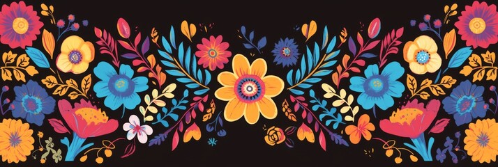 Pattern made of colorful flowers on black background. Mexican traditional folk art ornament. Cinco de Mayo, Day of the Dead. Template with copy space for  greeting card, wedding, party invitation