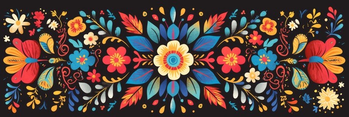 Pattern made of colorful flowers on black background. Mexican traditional folk art ornament. Cinco de Mayo, Day of the Dead. Template with copy space for  greeting card, wedding, party invitation - obrazy, fototapety, plakaty