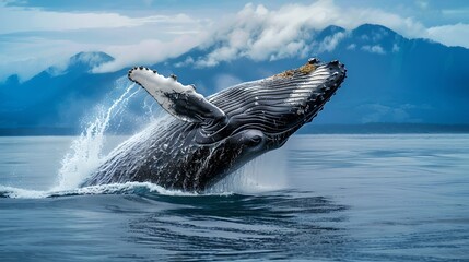 Fototapeta premium Majestic Humpback Whale Leaping from Ocean Waters with Mountainous Backdrop. Nature Photography. Wildlife Image for Eco-tourism, Posters, and Educational Materials. AI