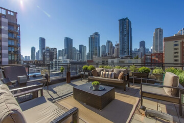 A sunlit rooftop terrace offering panoramic views of the city skyline.