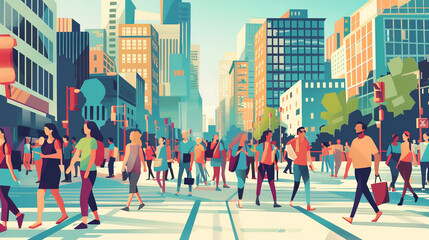 Obraz premium Illustration of vibrant cityscape with pedestrians.