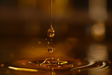 A single drop of honey suspended in mid-air.