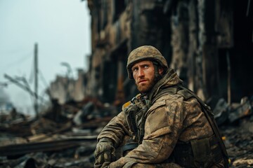 Portrait of soldier looking with regret at the destruction buildings, war 