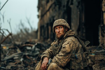 Portrait of soldier looking with regret at the destruction buildings, war 