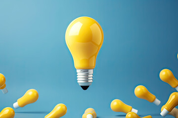 A yellow light bulb is surrounded by several smaller yellow light bulbs in a close cluster, creating a unique and visually striking arrangement