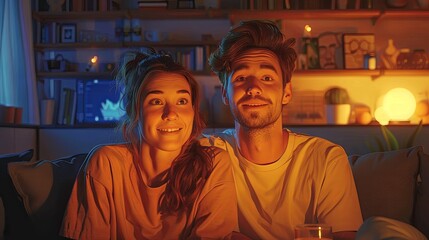 Young Couple Enjoying a Cozy Evening at Home, Lit by Candlelight and Warm Ambient Lights - Powered by Adobe
