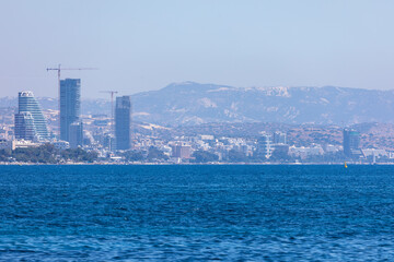 View of the modern city of Limassol in Cyprus. Skyscrapers on the Mediterranean sea shore in Cyprus