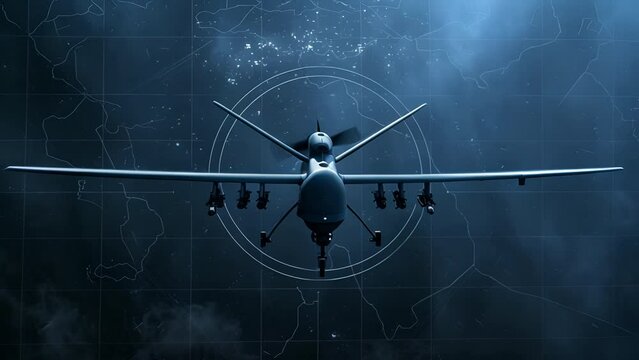 Targeting HUD displayed on view of military surveillance drone flying over a map drawn with vectors