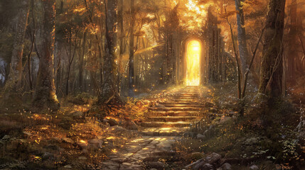 A painting depicting a narrow path winding through a dense forest with sunlight filtering through the trees, highlighting the natural beauty of the surroundings